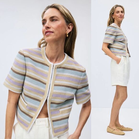 VERONICA BEARD Wyatt Khaki Multicolor Striped Short Sleeve Jacket - Picture 6 of 12